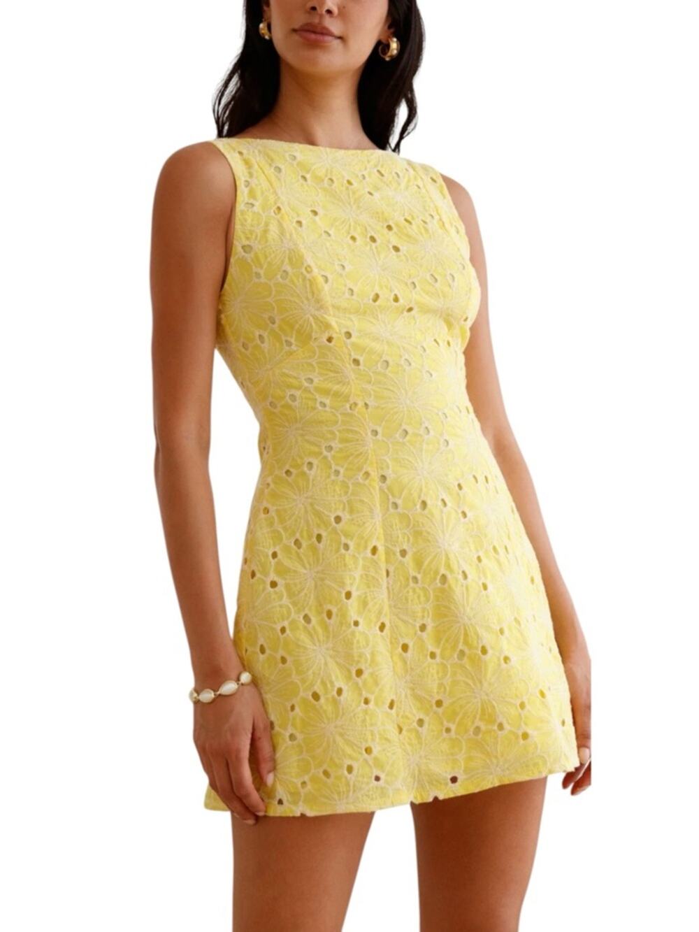 Hello Molly Summer Sway Yellow Eyelet Floral Cotton Mini Dress US 10